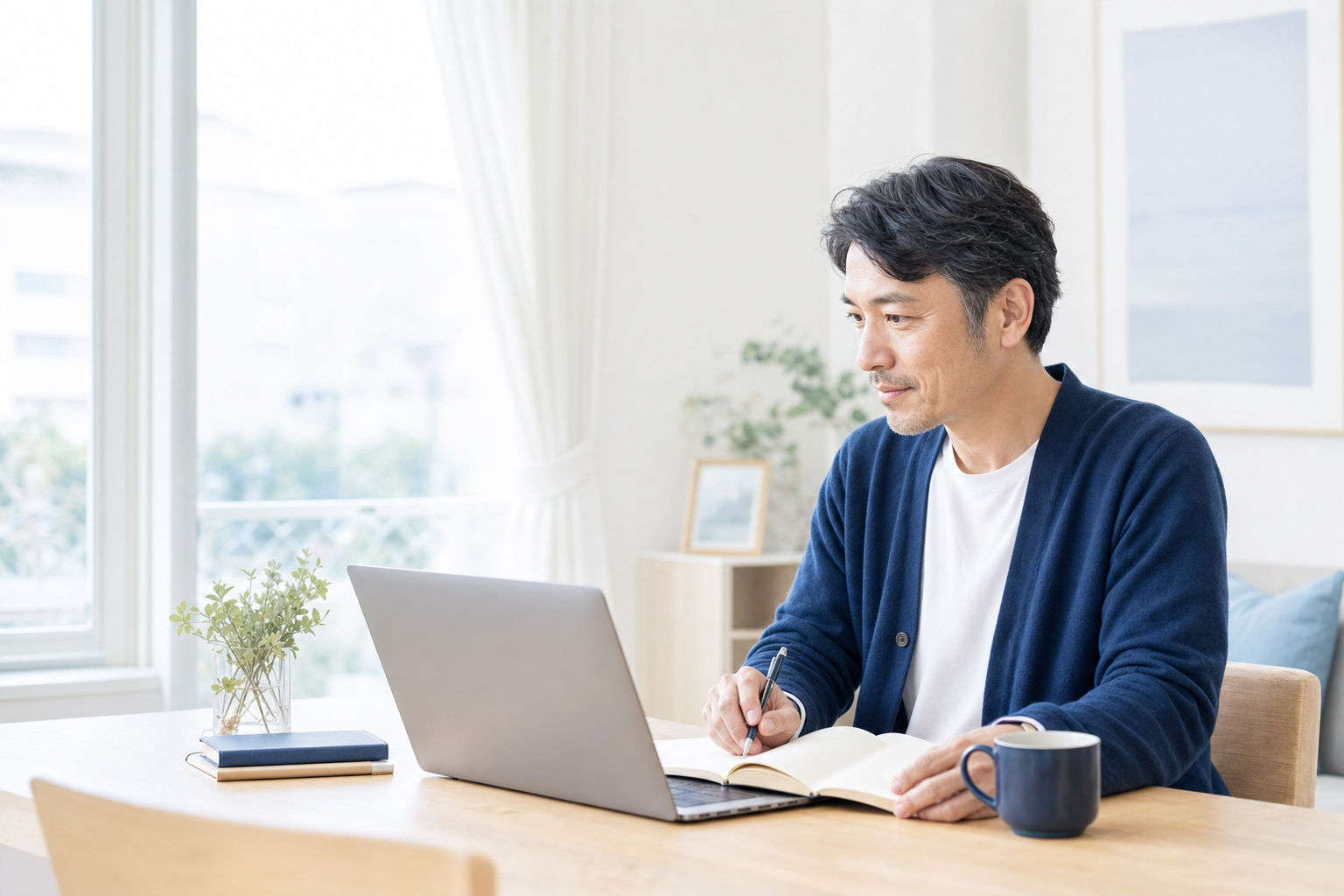 明るい自宅の仕事スペースで、ノートパソコンを見ながらノートにメモを取って学ぶ受講生