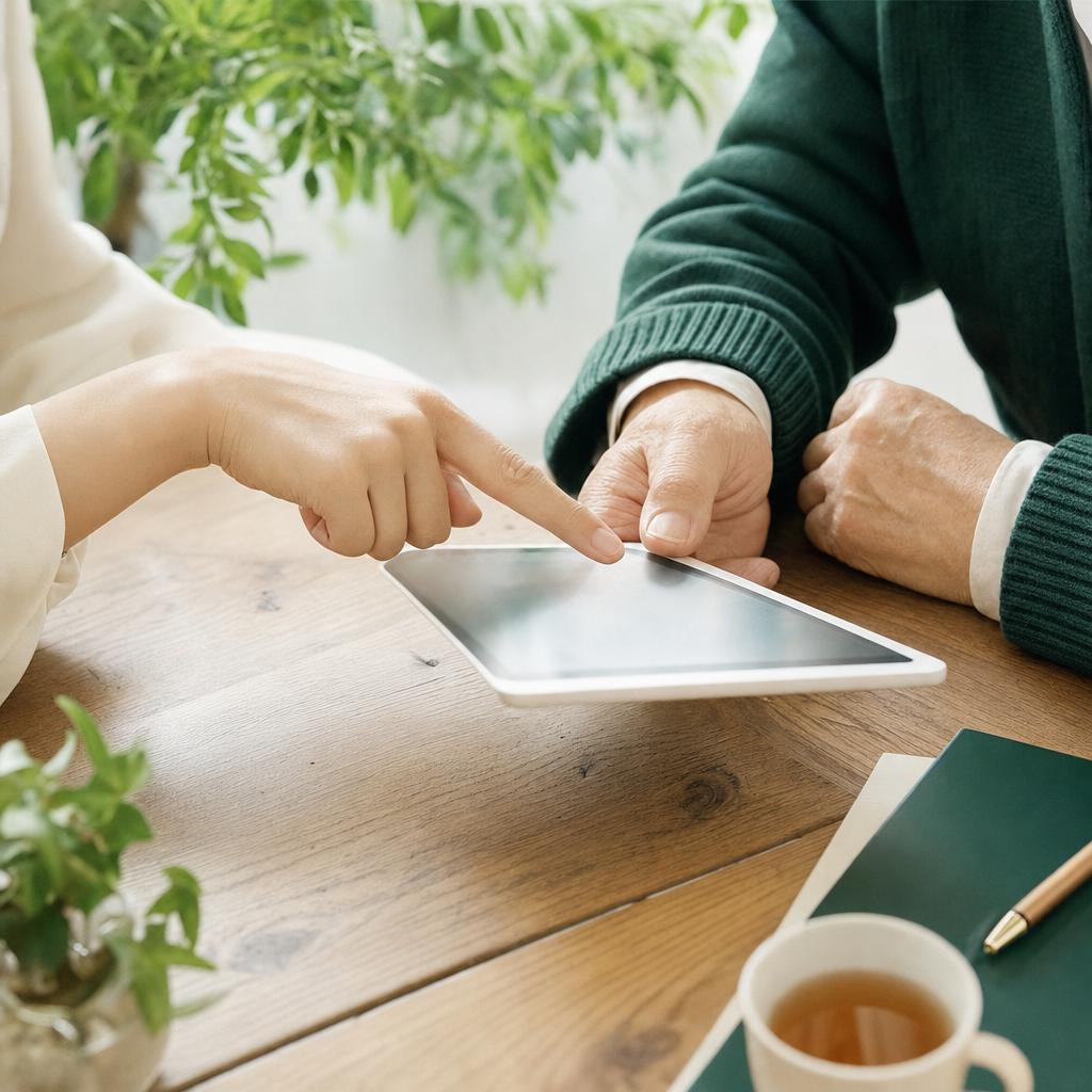 タブレットの画面をやさしく指し示す手元